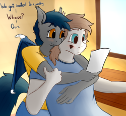 Size: 2600x2400 | Tagged: safe, artist:huckser, oc, oc only, oc:nuke, oc:speck, bat pony, pegasus, anthro, clothes, couple, dialogue, duo, female, high res, hug, husband and wife, male, marriage proposal, married couple, married couples doing married things, nervous, shipping, speke, straight, surprised