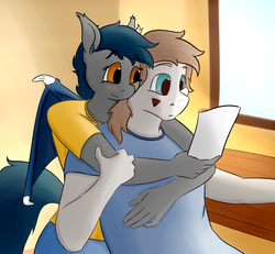 Size: 2600x2400 | Tagged: safe, alternate version, artist:huckser, oc, oc only, oc:nuke, oc:speck, bat pony, pegasus, anthro, clothes, couple, duo, female, high res, hug, husband and wife, male, married couple, married couples doing married things, nervous, shipping, speke, straight, surprised, textless version