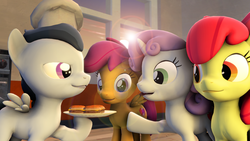 Size: 3840x2160 | Tagged: safe, artist:viranimation, apple bloom, rumble, scootaloo, sweetie belle, earth pony, pegasus, pony, unicorn, g4, marks and recreation, 3d, burger, cheeseburger, chef, chef's hat, colt, cutie mark crusaders, female, filly, food, hamburger, hat, high res, male, ponies eating meat, source filmmaker, that was fast