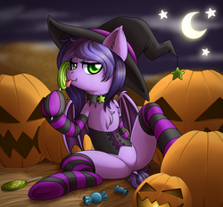 Size: 2100x1950 | Tagged: safe, artist:cottondraws, edit, oc, oc only, oc:midnight reverie, pony, butt, candy, dock, food, halloween, hat, holiday, lollipop, moon, night, plot, pumpkin, solo, spread legs, spreading, tail, witch, witch hat
