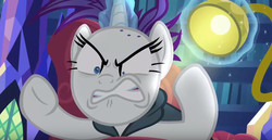 Size: 1061x547 | Tagged: safe, screencap, rarity, g4, it isn't the mane thing about you, angry, bald, glowing horn, horn, lamp, magic, mane, ruined mane, scary, telekinesis