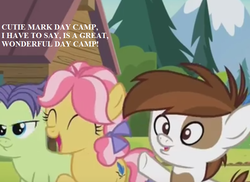 Size: 770x560 | Tagged: safe, edit, edited screencap, editor:korora, screencap, kettle corn, pipsqueak, earth pony, pony, g4, marks and recreation, cabin, colt, cropped, excited, haiku, male, text, tree