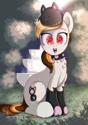 Size: 1400x1972 | Tagged: safe, artist:anonbelle, oc, oc only, oc:siamese gold, earth pony, pony, clothes, commission, costume, fountain, lens flare, red eyes
