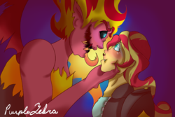 Size: 916x611 | Tagged: safe, artist:luminescence553, sunset shimmer, demon, equestria girls, g4, contrast, duality, glasgow smile, holding head, looking at each other, scary, sunset satan, tongue out