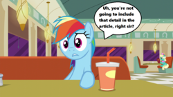 Size: 1280x720 | Tagged: safe, edit, edited screencap, screencap, rainbow dash, g4, season 6, the saddle row review, booth, diner, drink, female, nervous, solo, speech bubble, straw, table, text