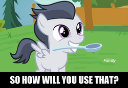 Size: 1277x879 | Tagged: safe, rumble, pegasus, pony, g4, marks and recreation, colt, cute, discovery family logo, eager, image macro, male, meme, mouth hold, rumblebetes, solo, spoon