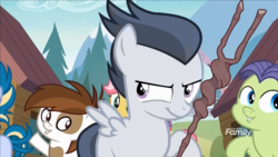 Size: 1920x1080 | Tagged: safe, edit, edited screencap, screencap, kettle corn, pipsqueak, rumble, skeedaddle, pegasus, pony, g4, marks and recreation, cabin, colt, discovery family logo, evil smile, grin, male, smiling, staff, staff of sameness, this will end in equalization, this will end in tears, this will not end well