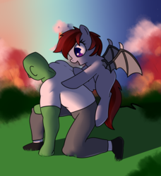 Size: 1509x1657 | Tagged: safe, artist:neuro, oc, oc only, oc:anon, oc:vannie, bat pony, human, pony, batpack, cloud, female, happy, kneeling, male, mare, open mouth, piggyback ride