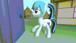 Size: 960x540 | Tagged: safe, artist:northern haste, sonata dusk, pony, g4, 3d, animated, diaper, female, gif, need to pee, non-baby in diaper, omorashi, outhouse, porta potty, potty dance, potty time, solo, trotting in place