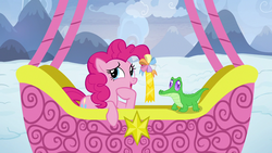 Size: 1280x720 | Tagged: safe, screencap, gummy, pinkie pie, pony, g4, not asking for trouble, ambassador badge, hot air balloon, snow, twinkling balloon