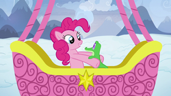 Size: 1280x720 | Tagged: safe, screencap, gummy, pinkie pie, pony, g4, not asking for trouble, ambassador badge, hot air balloon, snow, twinkling balloon