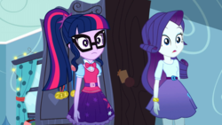 Size: 1280x720 | Tagged: safe, screencap, rarity, sci-twi, twilight sparkle, equestria girls, g4, leaping off the page, my little pony equestria girls: summertime shorts, :|, belt, blouse, blue eyes, blue eyeshadow, blue hair, bowtie, bracelet, clothes, confused, cutie mark on clothes, cutie mark on skirt, duo, eyeshadow, female, frill, geode of shielding, geode of telekinesis, glasses, gold, hairpin, indoors, jewelry, light skin, magical geodes, makeup, necklace, open mouth, pink and purple streaks, ponytail, purple eyes, purple hair, purple skin, skirt, vest