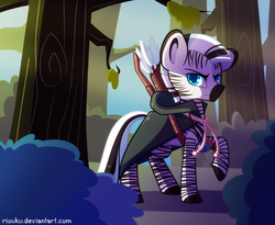 Size: 800x655 | Tagged: safe, artist:riouku, oc, oc only, oc:grevy, pony, zebra, arrow, bow (weapon), bow and arrow, clothes, commission, forest, raised hoof, scenery, solo, tree, weapon, zebra oc