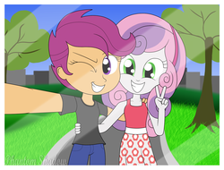 Size: 1280x973 | Tagged: safe, artist:phantomshadow051, scootaloo, sweetie belle, equestria girls, g4, clothes, female, friendshipping, lesbian, one eye closed, park, selfie, ship:scootabelle, shipping, smiling, wink