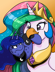 Size: 2550x3300 | Tagged: safe, artist:latecustomer, princess celestia, princess luna, bird, chicken, slug, g4, annoyed, crown, duo, female, frown, funny, glare, gradient background, high res, hilarious in hindsight, jewelry, looking at each other, looking back, luna is not amused, mouth hold, multicolored mane, nom, peytral, regalia, royal sisters, siblings, sisters, smiling, smirk, species swap, unamused, wat