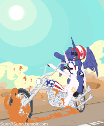 Size: 1083x1306 | Tagged: safe, artist:sunny4sunnly, princess celestia, princess luna, alicorn, pony, g4, american flag, animated, badass, canadian flag, captain america (motorcycle), chopper, duo, easy rider, featured image, featureless crotch, female, fire, gif, harley davidson, mare, motorcycle, open mouth, pixel art, road, royal sisters, spread wings, sunglasses, wings