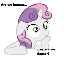 Size: 949x841 | Tagged: safe, sweetie belle, g4, are we human, female, lyrics, meme, solo, song reference, text, the killers, thinking, thinking sweetie belle