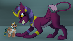 Size: 1024x576 | Tagged: dead source, safe, artist:wubcakeva, somnambula, the sphinx, pegasus, pony, sphinx, daring done?, g4, clothes, egyptian, female, grin, macro, mare, side view, size difference, smiling