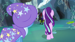 Size: 1280x720 | Tagged: safe, screencap, pharynx, starlight glimmer, trixie, pony, unicorn, g4, to change a changeling, butt, cape, clothes, glimmer glutes, hat, looking at butt, meme, out of context, plot, trixie's cape, trixie's hat