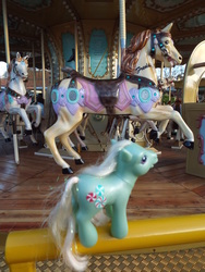 Size: 3456x4608 | Tagged: safe, artist:travelling-my-little-pony, minty, pony, g3, carousel, fairground ride, irl, photo, toy, watching