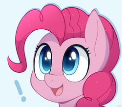 Size: 1200x1051 | Tagged: safe, artist:higglytownhero, pinkie pie, earth pony, pony, g4, cute, diapinkes, exclamation point, female, mare, open mouth, simple background, smiling, solo