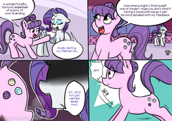 Size: 1881x1323 | Tagged: safe, artist:shrabby, rarity, suri polomare, earth pony, pony, unicorn, comic:dressed to ingest, g4, clothes, comic, corset, dialogue, female, imminent vore, mare, saddle, tack