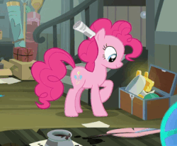 Size: 374x308 | Tagged: safe, screencap, pinkie pie, rainbow dash, pony, daring done?, g4, animated, cropped, female, gif, newspaper, relic