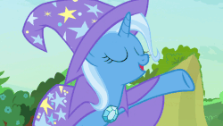 Size: 614x346 | Tagged: safe, screencap, trixie, pony, g4, season 7, to change a changeling, animated, cape, clothes, cold opening, discovery family logo, female, fireworks, gif, hat, magic, nose in the air, solo, trixie's cape, trixie's hat, volumetric mouth