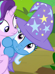 Size: 681x916 | Tagged: safe, screencap, starlight glimmer, trixie, pony, unicorn, g4, to change a changeling, adorable face, awww, best friends, best pony, cape, clothes, cute, daaaaaaaaaaaw, diatrixes, duo, female, hat, mare, trixie's cape, trixie's hat