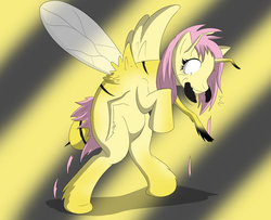 Size: 1024x830 | Tagged: safe, artist:tfsubmissions, fluttershy, bee, pony, yellowjacket, g4, antennae, body horror, extra legs, flutterbee, hair loss, insect wings, literal, mandibles, mid-transformation, nightmare fuel, pony to insect, stinger, stripes, terrified, transformation