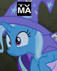 Size: 865x1080 | Tagged: safe, edit, edited screencap, screencap, starlight glimmer, trixie, pony, unicorn, g4, to change a changeling, cape, clothes, female, hat, mare, out of context, trixie's cape, trixie's hat, tv rating, tv-ma