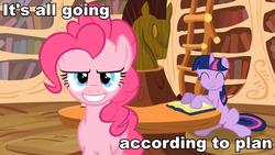 Size: 960x540 | Tagged: safe, edit, edited screencap, screencap, pinkie pie, twilight sparkle, earth pony, pony, unicorn, a friend in deed, g4, duo, female, golden oaks library, image macro, just as planned, mare, meme