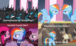 Size: 2026x1228 | Tagged: safe, edit, edited screencap, screencap, doctor caballeron, maud pie, pinkie pie, rainbow dash, changeling, earth pony, pegasus, pony, a canterlot wedding, daring done?, g4, the cutie re-mark, discussion in the comments, male, meme, stallion