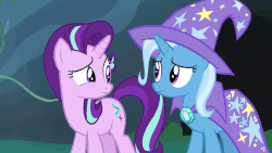 Size: 960x540 | Tagged: safe, screencap, starlight glimmer, trixie, pony, unicorn, g4, season 7, to change a changeling, animated, blinking, cute, duo, female, gif, glimmerbetes, grin, looking at each other, mare, smiling, squee
