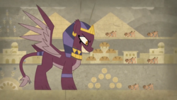 Size: 1366x768 | Tagged: safe, screencap, the sphinx, sphinx, daring done?, g4, crown, fangs, hieroglyphics, jewelry, regalia