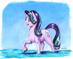 Size: 1400x1130 | Tagged: safe, artist:baron engel, starlight glimmer, pony, unicorn, g4, colored pencil drawing, female, mare, raised hoof, solo, traditional art, unshorn fetlocks, water