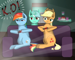 Size: 900x720 | Tagged: safe, artist:zeronitroman, applejack, lyra heartstrings, rainbow dash, earth pony, pegasus, pony, unicorn, g4, controller, couch, female, game, group, mare, request, requested art, sitting, video game