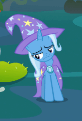 Size: 410x605 | Tagged: safe, screencap, trixie, pony, g4, season 7, to change a changeling, animated, cape, clothes, female, gif, hat, solo, trixie's cape, trixie's hat