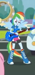 Size: 212x456 | Tagged: safe, screencap, rainbow dash, equestria girls, g4, get the show on the road, my little pony equestria girls: summertime shorts, boots, clothes, compression shorts, female, guitar, ponied up, shoes, skirt, smiling, solo, wings
