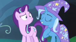 Size: 634x356 | Tagged: safe, screencap, starlight glimmer, trixie, pony, unicorn, g4, to change a changeling, animated, best friends, cape, clothes, duo, eyeroll, female, gif, hat, trixie's cape, trixie's hat