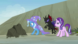 Size: 614x346 | Tagged: safe, screencap, pharynx, starlight glimmer, thorax, trixie, changedling, changeling, maulwurf, pony, unicorn, g4, to change a changeling, animated, cape, clothes, gif, hat, i threw a rock at him, magic, rock, telekinesis, trixie's cape, trixie's hat