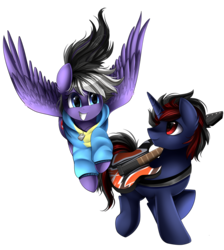 Size: 2550x2850 | Tagged: safe, artist:pridark, oc, oc only, oc:denz xavier, oc:stormblaze, pegasus, pony, unicorn, clothes, commission, electric guitar, female, flying, guitar, high res, male, mare, musical instrument, simple background, smiling, stallion, sweater, transparent background