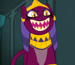 Size: 573x497 | Tagged: safe, screencap, the sphinx, sphinx, daring done?, g4, animated, faic, female, gif, laughing, pure unfiltered evil, sharp teeth, sphinxdorable, teeth
