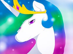 Size: 1024x768 | Tagged: safe, artist:princess-lunestia, princess celestia, alicorn, pony, g4, beautiful, bust, crown, ethereal mane, female, jewelry, lidded eyes, looking at you, mare, multicolored mane, purple eyes, regalia, smiling, solo, sparkles, starry mane