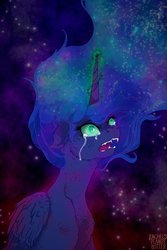 Size: 1024x1536 | Tagged: safe, artist:princess-lunestia, nightmare moon, princess luna, alicorn, pony, g4, crying, fangs, female, floppy ears, fluffy, mare, open mouth, solo, starry mane