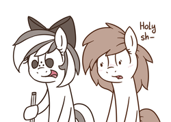 Size: 1643x1177 | Tagged: safe, artist:dsp2003, oc, oc only, oc:meadow stargazer, oc:stone, earth pony, pony, blushing, censored vulgarity, female, i can't believe it's not weaver!, mare, open mouth, pencil, simple background, style emulation, white background