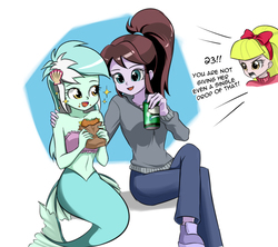 Size: 871x773 | Tagged: safe, artist:twilite-sparkleplz, part of a set, coffee rush, lyra heartstrings, paula grindhouse, mermaid, sea pony, sunset's fantastic fishing, equestria girls, g4, background human, bandeau, belly button, burger, clothes, crossed legs, dialogue, food, hamburger, mermaidized, midriff, open mouth, pants, seapony lyra, shoes, sitting, smiling, sneakers, soda can, species swap