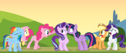 Size: 4000x1702 | Tagged: safe, artist:tomfraggle, applejack, fluttershy, pinkie pie, rainbow dash, rarity, starlight glimmer, twilight sparkle, alicorn, pony, g4, boop, caught, covering, cowboy hat, eyes closed, female, freckles, hat, high res, i can explain, lesbian, mane six, noseboop, not what it looks like, open mouth, raised hoof, ship:twistarlight, shipping, stetson, twilight sparkle (alicorn)