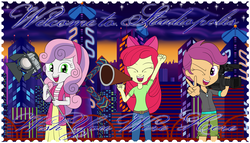 Size: 1600x914 | Tagged: safe, artist:phantomshadow051, apple bloom, scootaloo, sweetie belle, equestria girls, g4, clothes, crossover, cutie mark crusaders, megaphone, postcard, sega, sonic mania, stagelights, studiopolis, video camera, wish you were here