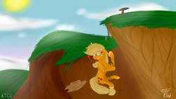 Size: 1776x1000 | Tagged: safe, artist:zeezou2, applejack, earth pony, pony, g4, chest fluff, cliff, female, floppy ears, fluffy, hat, mare, newbie artist training grounds, peril, rope, scared, solo, unshorn fetlocks